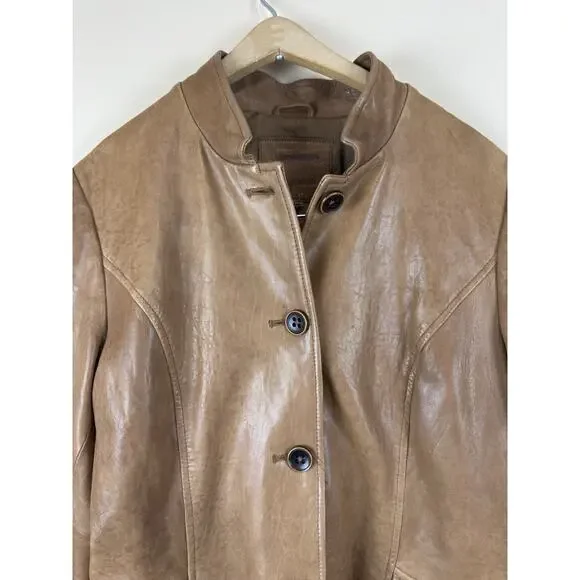 Leather Blazer Jacket with Mao Collar, Front Pockets – Brown Approx. Size M - Picture 2 of 15
